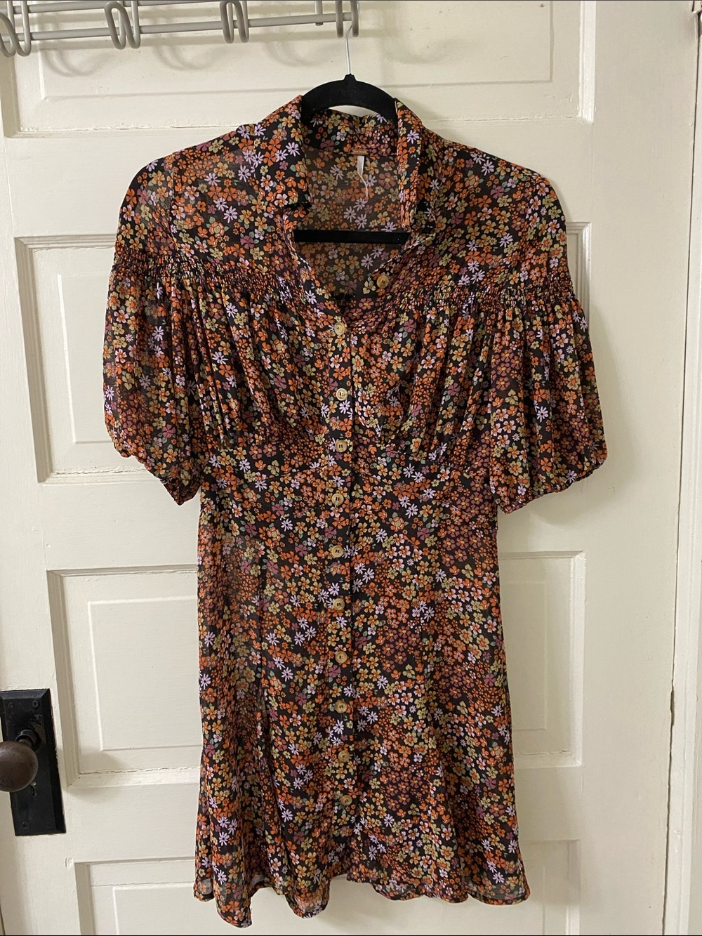 Free People Black Floral Button-Front Puff Sleeve Mini Dress